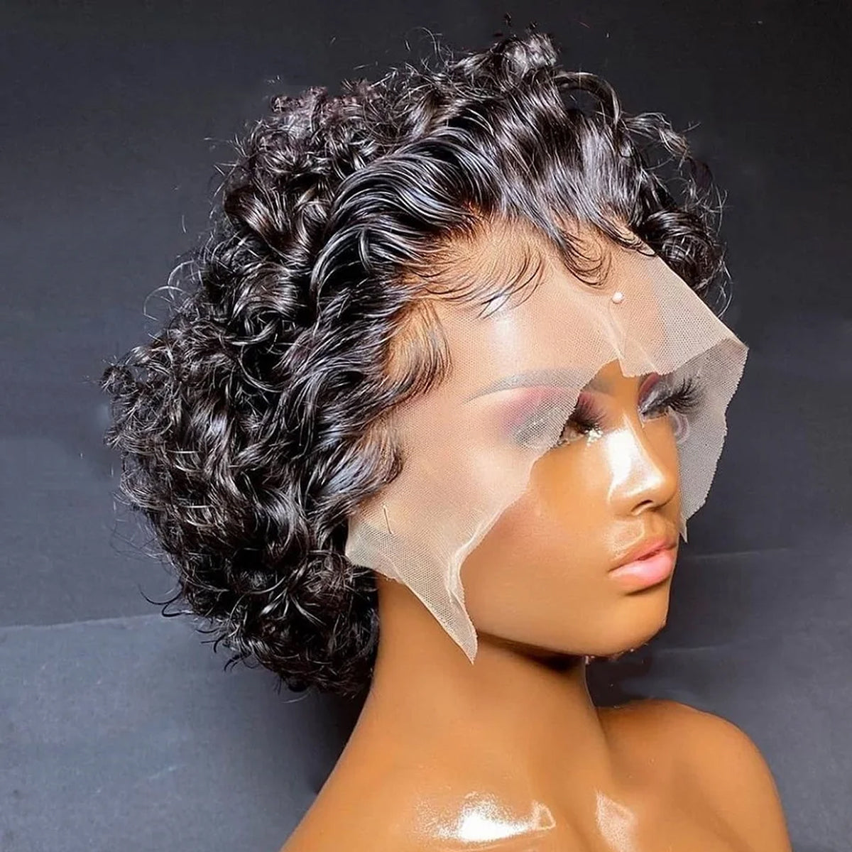 Curly Glueless Wig Short Curly Pixie Cut Wig 13x1 Lace Frontal Human Hair Wig Natural Black Color and Ombre Brown Color